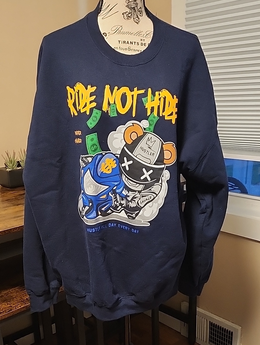 Navy Crewneck Sweatshirt with 'Ride Not Hide' Graphic